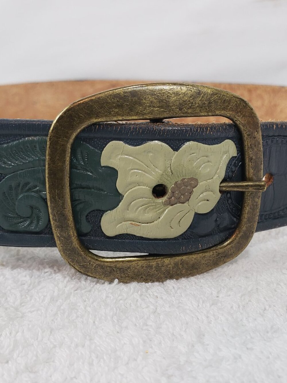 Beth Frank Hand‑Tooled Leather Belt – Floral Design – Size 36